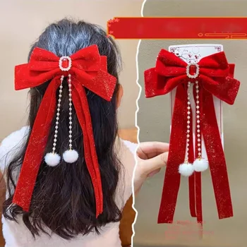 Красная Заколка с красным бантом, новогодние заколки из бархатной ленты в китайском стиле, головные уборы, Аксессуары для волос, Маленькие девочки