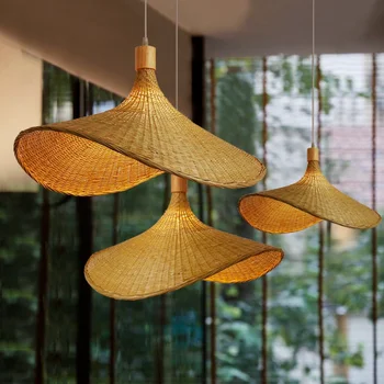 Новая Китайская Бамбуковая люстра, Чайный домик, Подвесной светильник из ротанга, Японские лампы, Лампа в соломенной шляпе, Бамбуковая подвесная лампа на лестнице E27