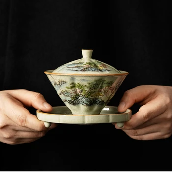 Пейзажный Керамический Гайвань с отверстием для чая, Супница, Чайная чашка, Китайские Чайные Пиалы, Винтажный Набор керамики для зеленого чая Чаван