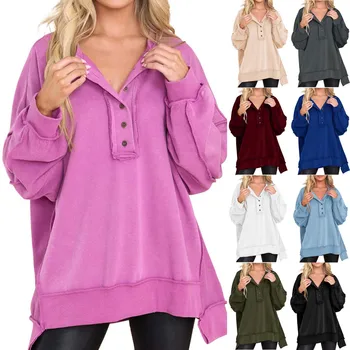 Женская толстовка Оверсайз, повседневный пуловер с длинными рукавами и пуговицами, туника, топы, наряды, свитер