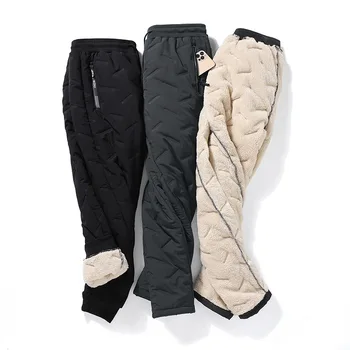 Хлопчатобумажные брюки из овечьего пуха, мужские зимние флисовые утолщенные свободные термобрюки, ветрозащитные утепленные брюки большого размера