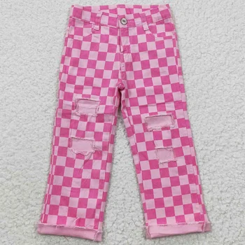 Новый дизайн, джинсовые штаны в розовую клетку для маленьких девочек, детские джинсы-клеш для бутиков, джинсовые штаны для девочек, джинсовые шорты для маленьких девочек, горячие