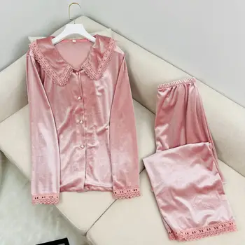 Женская пижама Laepl, кружевная ночная рубашка в стиле пэчворк, Велюровая пижама, женское ночное белье на пуговицах, Осенняя новая домашняя одежда