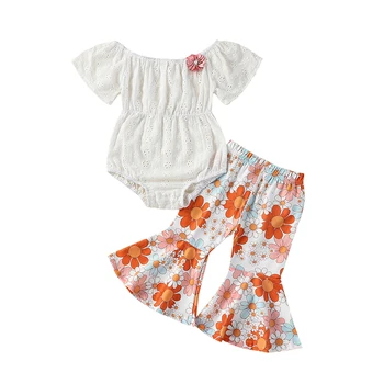 Bmnmsl/ Летняя одежда для маленьких девочек, повседневный расклешенный комбинезон с коротким рукавом и открытыми плечами и эластичные расклешенные брюки с цветочным рисунком, милый комплект одежды