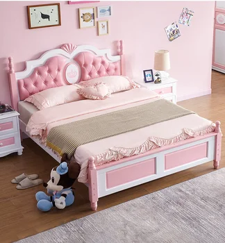 Кровать из цельного дерева 1,5 м, кровать принцессы, детская кровать онлайн, односпальная кровать знаменитости для девочек, розовый комплект для спальни