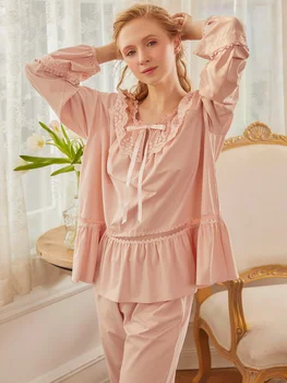 Пижама, женская осенняя одежда, пижамный комплект, Милая хлопковая пижама, Розовый, белый