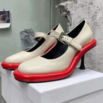 Модные цветные туфли на высоком каблуке с блокировкой цвета, круглый носок, пряжка для ремня, Дизайнерские женские кожаные туфли на платформе Mary Janes, Весна 2023 г.