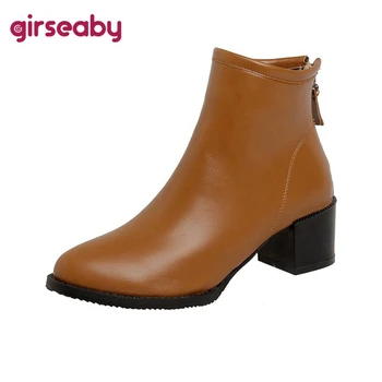 Girseaby/ Новые женские ботинки на массивном каблуке 32-54 размера, ботильоны из искусственной кожи в британском стиле, повседневная вечерняя модная зимняя обувь