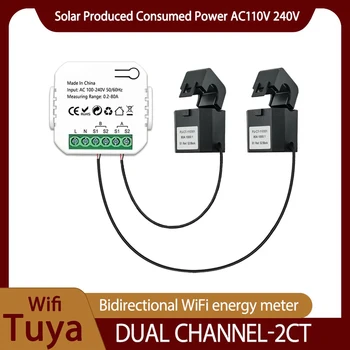 Tuya Smart 2-Полосный WiFi Счетчик Энергии Двунаправленный 1/2-Канальный с Зажимом App Monitor Вырабатываемая Солнечной Энергией Потребляемая Мощность AC110V 240V