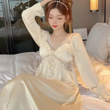 Женская Длинная ночная рубашка, элегантные кружевные пижамы с оборками на рукавах, открытая ночная одежда, одежда для отдыха, шелковый домашний халат из вискозы