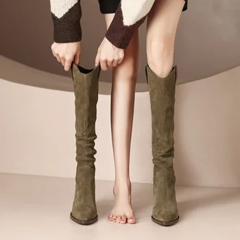Элегантные женские ботинки Осень-зима с V-образным вырезом в стиле ретро, Тонкие сапоги до колен, плиссированные длинные ботинки на толстых каблуках, Сапоги в стиле Вестерн Найт