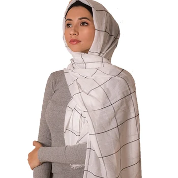 Полосатый хлопковый шарф-хиджаб с принтом, женские сетчатые однотонные шали, женские клетчатые шарфы, мусульманские большие обертывания, платок из пашмины 185*80 см