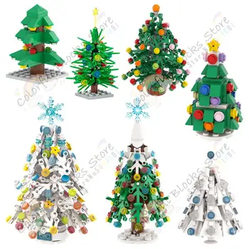 Строительные блоки серии Christmas Tree, Креативная сцена, Красочные украшения, Зелено-белые Модели деревьев, Игрушки для сборки для детей, Рождественский подарок