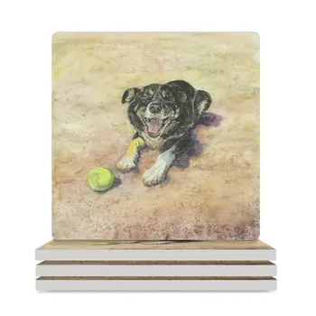 Бордер-колли Гарри - счастливая собака на пляже с теннисным мячом Керамические подставки (Квадратные) симпатичные кухонные Креативные подставки