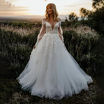 Платье невесты, иллюзия трапециевидной формы, V-образный вырез, Винтажная юбка из тюля, свадебные платья для женщин, Сетчатое платье vestidos de novia