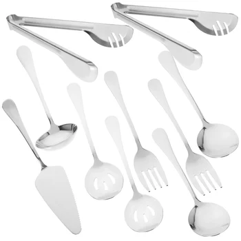 1 комплект металлических кухонных принадлежностей, ложка-шумовка из нержавеющей стали, лопаточка, щипцы для стейка, вилка, половник для супа