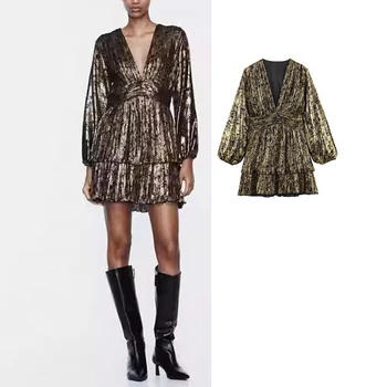 Мини-платье TRAF Gold с рюшами, короткие платья из фольги для женщин, плиссированное винтажное платье 2023, элегантные вечерние платья с длинным рукавом