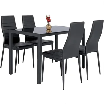 Кухонный гарнитур из 5 предметов, обеденный стол из закаленного стекла с 4 стульями, черные стулья для столовой, столовый гарнитур, мебель