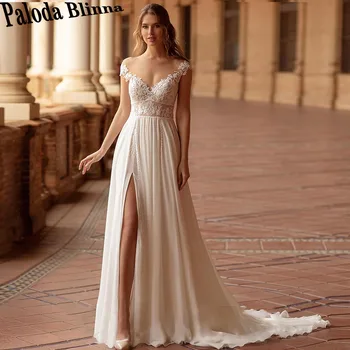 Paloda / Элегантные шифоновые свадебные платья с разрезом для женщин, фестончатые аппликации на спине, шлейф на молнии трапециевидной формы с открытыми плечами