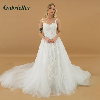 Свадебное платье Gabriellar со стильными аппликациями для невесты, без рукавов, из тюля, квадратный воротник, молния трапециевидной формы, королевский шлейф, сшитый на заказ