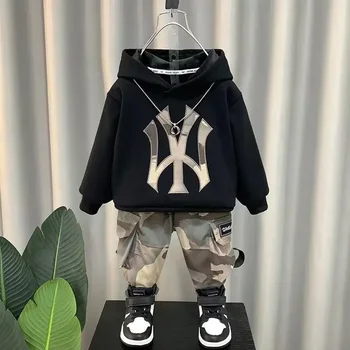 Детская хлопковая спортивная одежда с капюшоном, модный комплект из двух предметов для мальчиков, детское пальто, брюки, осенне-зимний комплект, 2 3 4 5 6 7 8 9