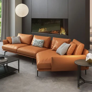 Комбинированный Кожаный Диван В Гостиной Современный Оранжевый Угловой Диван Light Luxury Ins Style
