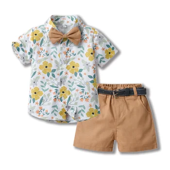 Летняя детская хлопковая рубашка с отворотом, кардиган с бантом, шорты с коротким рукавом, пояс, 4 шт., комплект одежды для мальчиков, одежда для 3-8 лет