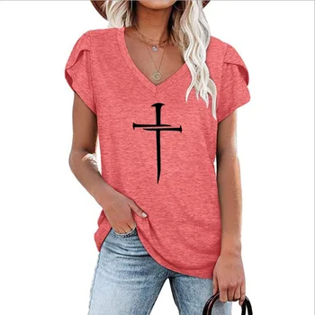 Женская христианская рубашка с крестовым принтом, повседневная футболка с V-образным вырезом, топы с короткими рукавами в виде лепестков, футболки