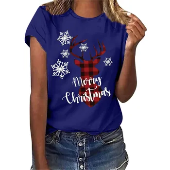 Женская Рождественская Повседневная футболка с круглым вырезом и принтом в виде головы оленя, снежинки, Короткие рукава, Свободная Блузка, топы