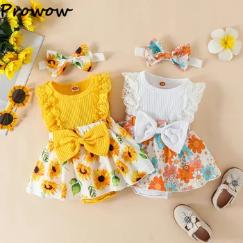 Prowow/ Летний комбинезон с подсолнухом для маленьких девочек, кружевные платья-боди принцессы в рубчик с цветочным рисунком в стиле пэчворк для девочек, одежда для новорожденных