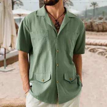 Мужская однобортная хлопковая льняная рубашка с большими карманами и двойными боковыми лацканами.