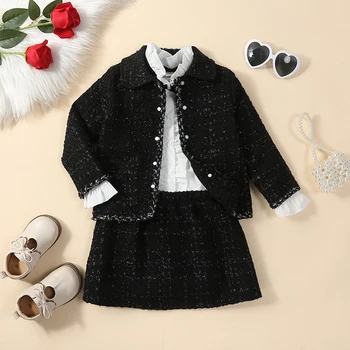 Комплекты одежды для девочек Осенняя детская одежда Куртка с длинным рукавом + воротник-стойка, рубашка с оборками и юбка, модный комплект детской одежды