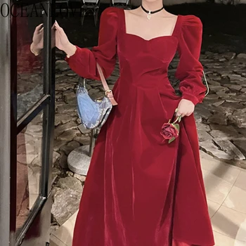 OCEANLOVE Бархатные Осенне-зимние вечерние платья для женщин с квадратным вырезом, Однотонные Элегантные Vestidos Mujer, Корейский модный халат Femme
