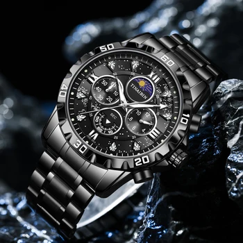 Moon Роскошные мужские часы высокого класса со светящимся циферблатом из нержавеющей стали, Неделя лучшего качества reloj hombre lujo alta gama