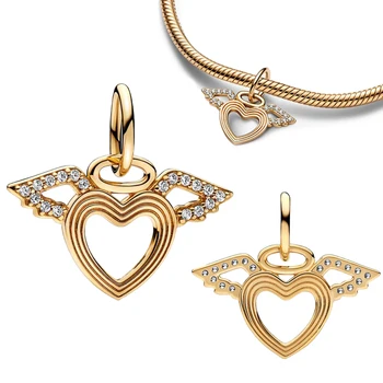 2022 Новый шарм из стерлингового серебра 925 пробы с сердечками и крыльями Ангела, оригинальный браслет, подвеска, бусины для женщин, прекрасный подарок из бисера своими руками