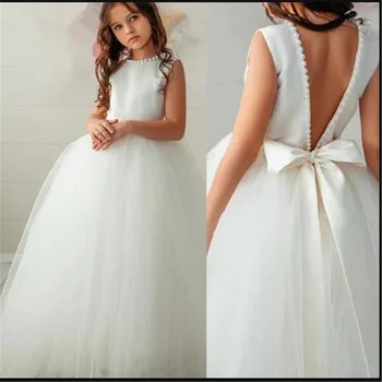 Летнее платье с жемчужным цветочком для девочки с открытой спиной, пышное свадебное платье для первого Причастия, на котором присутствовала принцесса Евхаристии