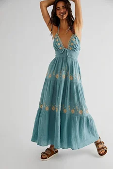 Богемное платье макси-спагетти трапециевидной формы с V-образным вырезом, без рукавов, с вышивкой, летнее платье с открытой спиной, праздничные платья, шикарные халаты