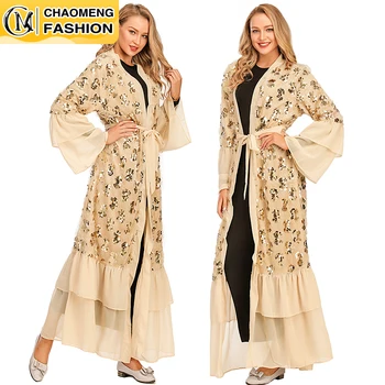 Новый дизайн, женская Абая, Золотая кисточка, блестки, кимоно, исламский кардиган, модная шифоновая ткань, скромная одежда, Дубай, Турция, одежда