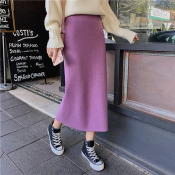 Женская трикотажная прямая юбка TingYiLi с разрезом и высокой талией, длинная юбка-карандаш в корейском стиле, бежевая, черная, зеленая, фиолетовая юбка-труба