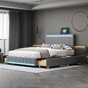 Полноразмерная мягкая кровать со светодиодной подсветкой и 4 выдвижными ящиками, Современная кровать-платформа с набором розеток и USB-портов, бежевый /серый