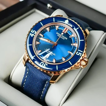 Мужские часы для дайвинга Reef Tiger / RT с розово-синим циферблатом и датой, суперсветящиеся часы, водонепроницаемые механические мужские часы с автоподзаводом на 200 м