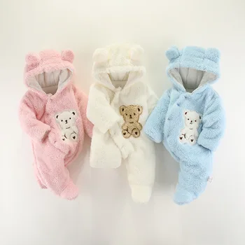 Комбинезон для новорожденных, зимний утепленный хлопчатобумажный комбинезон, комбинезон с капюшоном на флисовой подкладке для мальчиков и девочек, детская одежда
