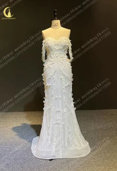 3296 Настоящее свадебное платье из Органзы с открытыми плечами и цветами 