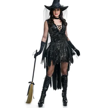 Женский костюм Ведьмы с черными блестками на Хэллоуин Для взрослых Женщин, Маскарадный костюм Злой Волшебницы на День книги