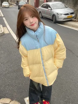Корейская верхняя одежда в стиле пэчворк контрастного цвета, милые парки в стиле опрятности, Толстые куртки Y2k со стоячим воротником, женские флисовые пальто в звездном стиле