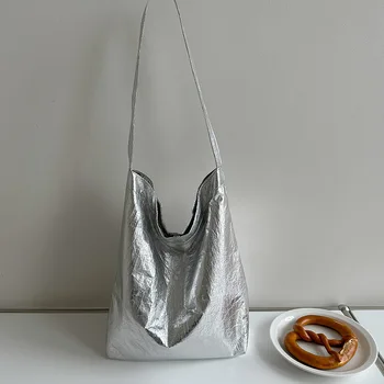 Брендовая дизайнерская женская сумка через плечо из искусственной кожи, повседневная сумка через плечо, большая сумка-ведро, серебристая Простая