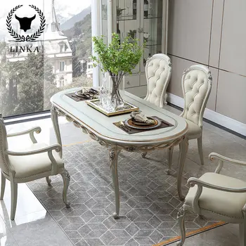 Французский светлый роскошный обеденный стол из массива дерева, домашняя комбинация овального обеденного стола и стула, европейская мебель E3