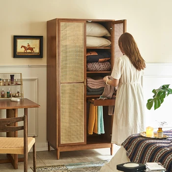 Винтажный ротанговый шкаф для одежды в скандинавском стиле, маленькая спальня, шкаф для хранения из массива дерева, шкафчик для одежды B & B Inn Jifeng