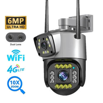Wifi 4G IP-Камера 6MP 2K PTZ С Двойным Объективом и 10-Кратным Зумом, Наружная Камера Безопасности, Беспроводные Камеры Видеонаблюдения Ночного Видения, Камеры Видеонаблюдения