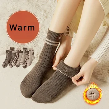 5 Пар толстых теплых зимних носков, женские носки Миди в полоску, Милые носки Каваи с рисунком Медведя, Короткие носки Японской моды